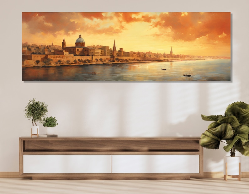 Vintage Valletta Canvas Print, Large Malta Wall Art, Stunning Valletta Painting, Retro Valletta Wall Decor, Malta Canvas Art image 1