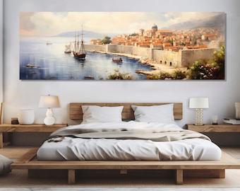 Vintage Dubrovnik Wall Art, Large Dubrovnik Skyline Painting, Dubrovnik Canvas Print, Retro Dubrovnik Wall Art, Croatia Wall Art