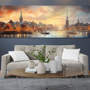 Vintage Copenhagen Skyline Painting, Copenhagen Canvas Print, Large Copenhagen Wall Art, Retro Copenhagen Wall Decor, Denmark Canvas Art