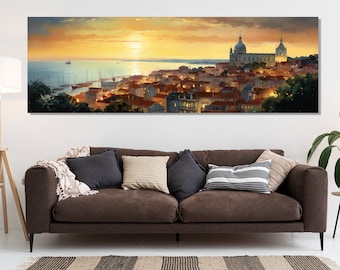 Abstract Lisbon Wall Art, Large Lisbon Skyline Painting Canvas Print, Portugal