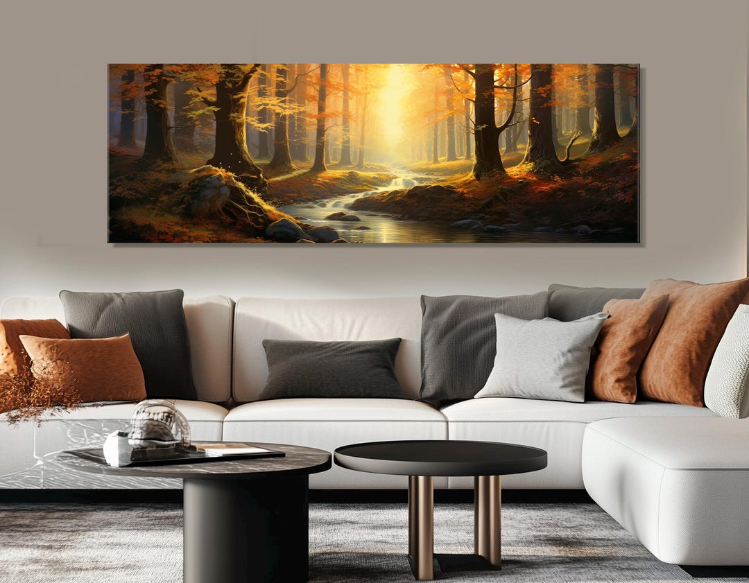 Golden Autumn Forest Canvas Wall Art, Sunlit Woodland Landscape Print ...