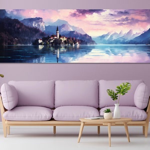 May include: A watercolour painting of a lake with a church and mountains in the background. The sky is a soft pink and purple, and the water is a deep blue. The painting is framed and ready to hang.