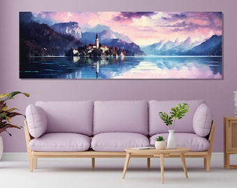 Splendida stampa su tela raffigurante il lago di Bled, Lago di Bled, Slovenia, arte su tela, dipinto del lago di Bled, grande stampa murale raffigurante il lago di Bled, decorazione murale slovena
