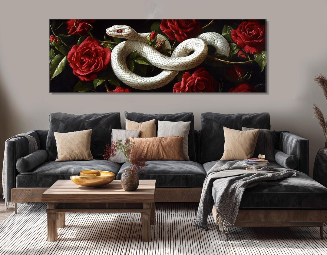White Snake and Red Roses Canvas Wall Art, Gothic Floral Painting,white ...