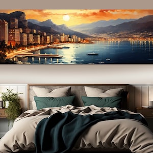 Vintage canvaskunst Monaco zonsondergang, schilderij skyline van Monaco, canvasafdruk Monaco, grote Monaco muurkunst, muurdecoratie Monaco
