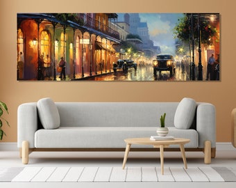May include: A painting of a city street at night with a vintage car driving down the street. The street is lined with buildings and streetlights. The painting is done in a realistic style with warm colors.