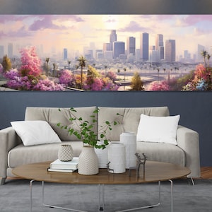 Impression sur toile colorée sur les toits de Los Angeles, grande oeuvre d'art murale de Los Angeles, peinture pittoresque de Los Angeles, oeuvre d'art sur toile de LA