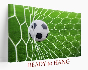 Puede incluir: Un balón de fútbol blanco y negro entrando en una red blanca con hierba verde detrás. El texto READY to HANG está en la parte inferior de la imagen.