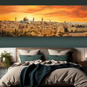 Vintage Jerusalem Skyline Leinwanddruck, große Jerusalem Wandkunst, Vintage Jerusalem Malerei, beeindruckende Jerusalem Wanddekoration
