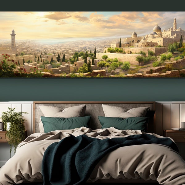 Vintage Jerusalem Painting, Jerusalem Skyline Canvas Print, Large Jerusalem Wall Art, Israel Wal Art