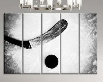 Arte de pared de hockey sobre hielo en blanco y negro, impresión en lienzo de hockey, decoración de pared de hockey