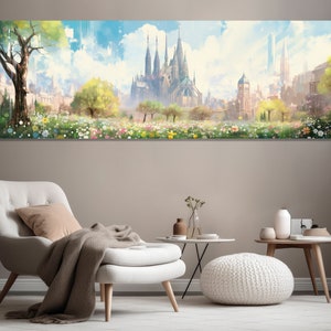 Large Barcelona Painting Canvas Print, Sagrada Familia Wall Art, Summer Barcelona Abstract Painting, Spain Wall Art