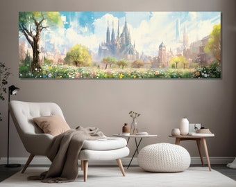 Large Barcelona Painting Canvas Print, Sagrada Familia Wall Art, Summer Barcelona Abstract Painting, Spain Wall Art