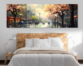 Large Seattle Downtown Canvas Print, Seattle Wall Art, Seattle Retro Painting, Seattle Wall Decor