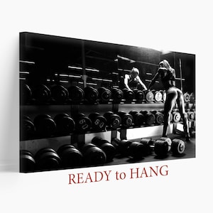 Fitness Girl Print, Motivation Canvas, Black and White Workout Canvas Print, Gym Wall Art, Dumbbell Poster, Gym Room Decor