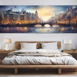 Impressive Amsterdam Retro Painting, Vintage Amsterdam Canvas Print, Large Amsterdam Wall Art, Amsterdam Bridge, Netherlands Wall Decor