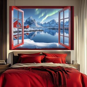 Window Opening to Lofoten Islands in Norway Canvas Print, Norway Wall Art, Nothern Lights in Norway Painting, Norwegian Wall Decor