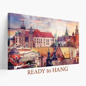 May include: A watercolor painting of a cityscape with red, orange, and yellow buildings. The buildings have many spires and towers. The sky is a light blue with clouds. The painting has a vintage feel.