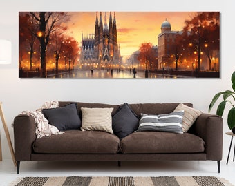 Vintage Barcelona Painting Canvas Print, Sagrada Familia Painting, Large Barcelona Wall Art, Barcelona Retro Print, Spain Wall Art