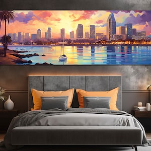 Impresionante pintura de San Diego, gran arte mural de San Diego, impresión vintage en lienzo de San Diego, centro de San Diego, decoración de pared de San Diego