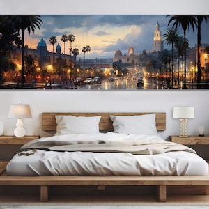 Night Los Angeles Retro Style Canvas Print, Large Los Angeles Painting, LA Wall Art, Vintage Los Angeles Decor