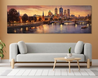 May include: A painting of a city skyline at sunset with a bridge in the foreground and a boat on the water. The city is lit up with lights and the sky is a mix of orange, pink, and purple.