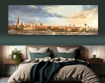 Vintage Marrakech Skyline Canvas Print, Marrakech Painting, Large Marrakech Wall Art, Retro Morocco Canvas Print, Morocco Wal Art