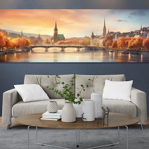 Vintage Zürich Skyline Gemälde, Zürich Skyline Gemälde, Grosse Zürich Wandkunst, Retro Zürich Wanddekor, Schweiz Leinwandkunst