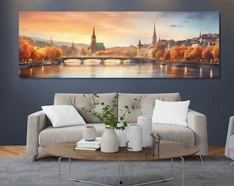 Vintage Zurich Skyline Painting, Zurich Canvas Print, Large Zurich Wall Art, Retro Zurich Wall Decor, Switzerland Canvas Art