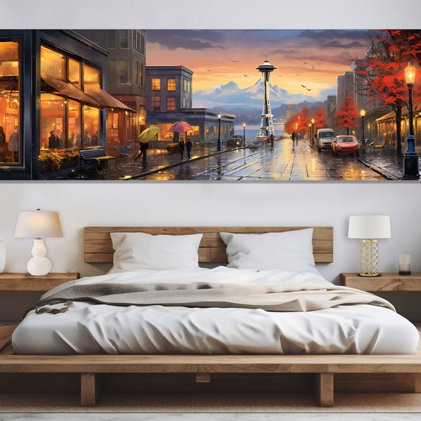 Large Seattle Wall Art, Vintage Seattle Canvas Print, Stunning Seattle Retro Painting, Seattle Downtown, Seattle Wall Decor
