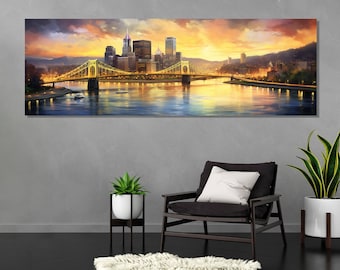 Grande pintura do pôr do sol de Pittsburgh, impressão em tela vintage de Pittsburgh, impressionante arte de parede de Pittsburgh, horizonte de Pittsburgh