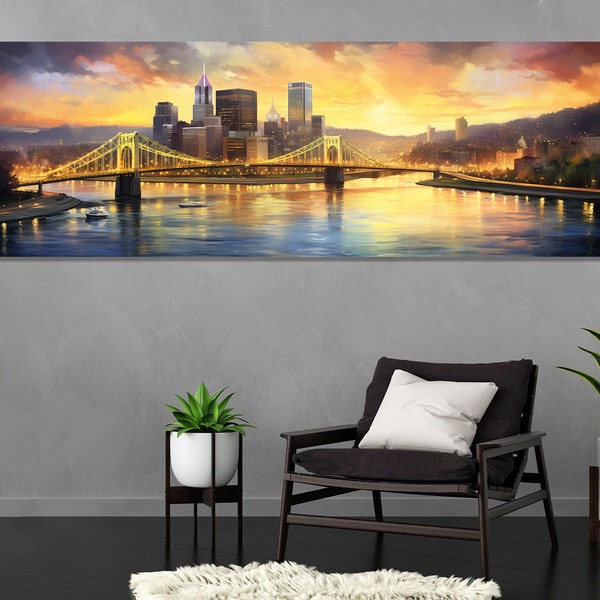 Large Pittsburgh Sunset Painting, Vintage Pittsburgh Canvas Print, Impressive Pittsburgh Wall Art, Pittsburgh Skyline