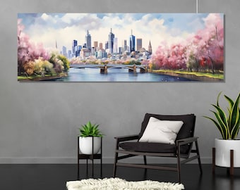 May include: A watercolor painting of a city skyline with a bridge in the foreground. The city is surrounded by trees with pink blossoms. The sky is blue with white clouds.