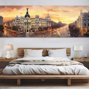 Vintage Madrid Downtown Painting, Madrid Canvas Print, Large Madrid Wall Art, Stunning Madrid Retro Print, Spain Wall Art