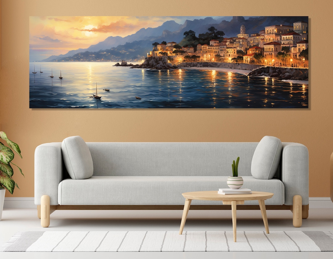 Impressive Amalfi Coast Painting Canvas Print, Vintage Amalfi Coast