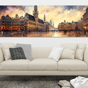 Vintage Brussels Canvas Art, Brussels Skyline Painting, Brussels Canvas Print, Large Brussels Wall Art, Belgium Wall Decor