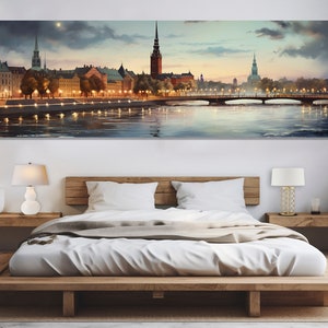 Vintage Riga Skyline Painting, Riga Canvas Print, Large Riga Wall Art, Retro Riga Wall Decor, Latvia Canvas Art
