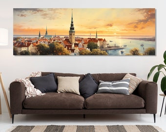 Vintage Tallinn Canvas Print, Large Tallinn Wall Art, Stunning Tallinn Painting, Retro Tallinn Wall Decor, Estonia Wall Art