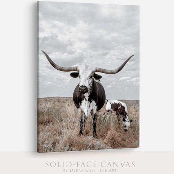 Beautiful Longhorn Cow and Calf Print, Simple Western Decor © Debra Gail Fine Art, Neutral Farmhouse Tones