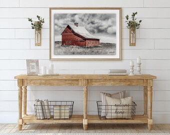 Red Barn Landscape Photography Print – Rustic Farmhouse Wall Art