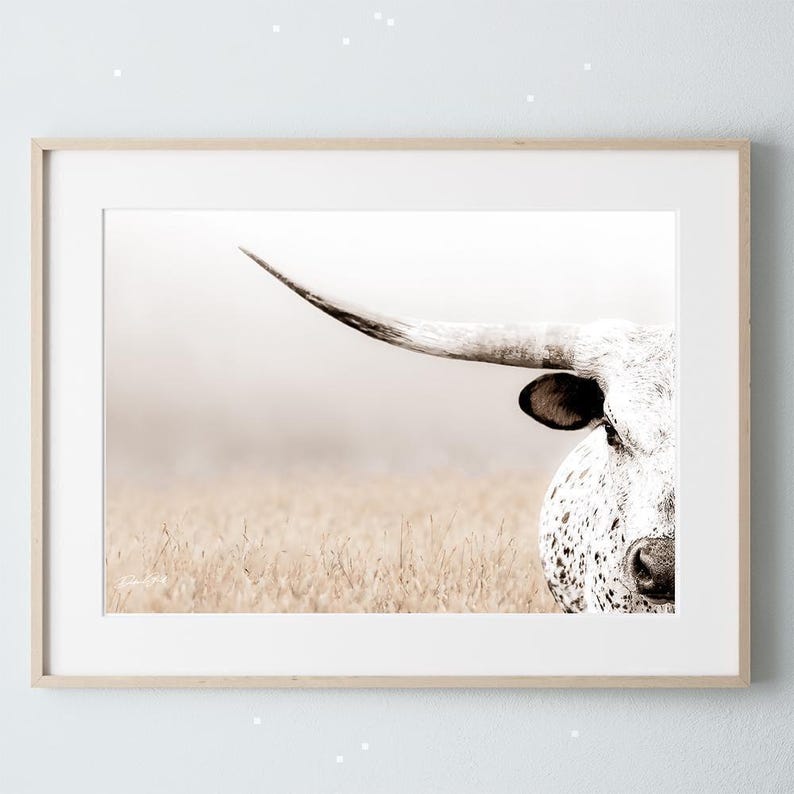Western Luxe Longhorn Art Canvas or Print | Debra Gail Minimalist Ranch Decor | Large Cattle Wall Art Unframed Print (Paper Only)