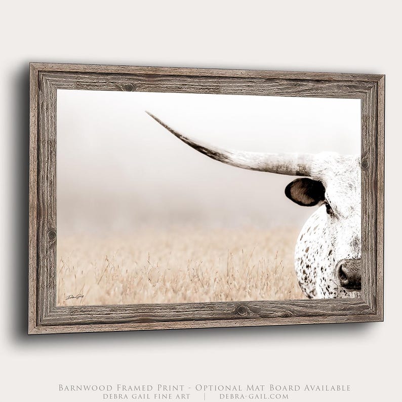 May include: A rectangular wall art print featuring a close-up of a longhorn cow in a field, enclosed in a rustic brown barnwood frame. The image displays the cow's head and one long horn against a soft, hazy background. Text reads DEBRA GAIL.