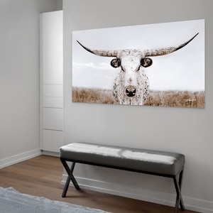 Longhorn Cow Print, Canvas, 2:1 © Debra Gail Fine Art, Panoramic Wall Art Picture, Neutral Farmhouse Colors, Framed Western Decor, Oversized