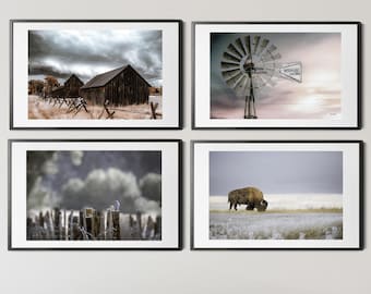 Farmhouse Wall Decor Set: Moody Barn, Bison, and Windmill Photos by Debra Gail