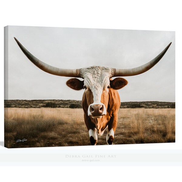 Beautiful Longhorn Cow Picture, Oversized, Ready to Hang Canvas, Barnwood Framed, Paper Print, Modern Rustic Western Decor, © Debra Gail