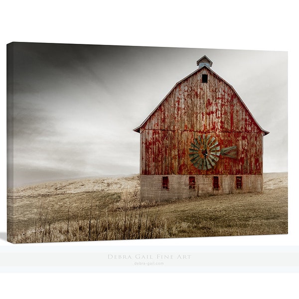 Old Red Barn with Windmill Canvas Wall Art or Print, Debra Gail Farmhouse Decor, Fine Art Rustic Weathered in a Storm, Western Metal