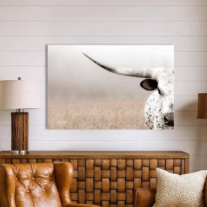 Western Luxe Longhorn Art Canvas or Print | Debra Gail Minimalist Ranch Decor | Large Cattle Wall Art image 2