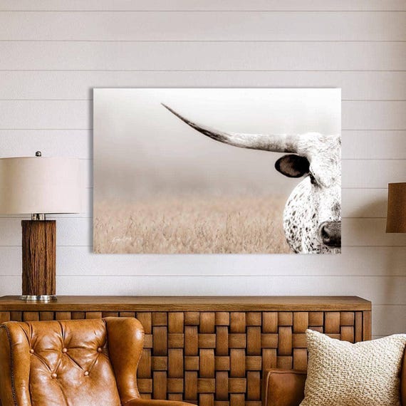 Western Luxe Longhorn Art | Gallery Quality Canvas Print | Minimalist Ranch Decor | Large Cattle Wall Art