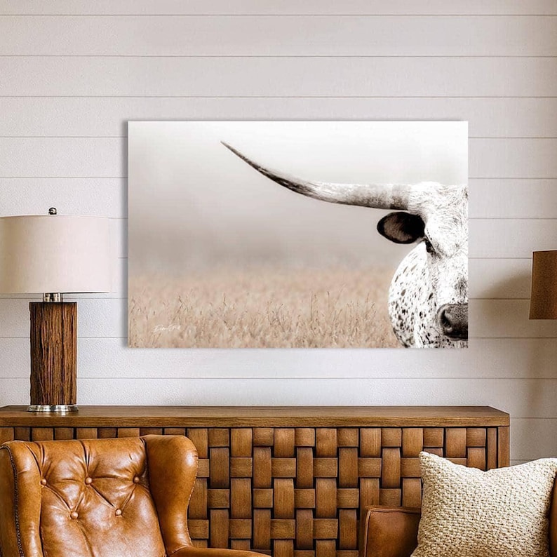 Western Luxe Longhorn Art Canvas or Print | Debra Gail Minimalist Ranch Decor | Large Cattle Wall Art image 2