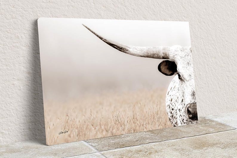 Western Luxe Longhorn Art Canvas or Print | Debra Gail Minimalist Ranch Decor | Large Cattle Wall Art Premium Canvas Wrap